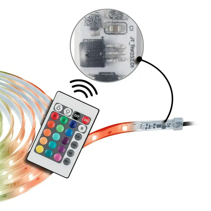 Paulmann SimpLED LED-Band-Set Outdoor RGB - Länge: 500 cm, Lichtfarbe: RGB, 15 W, 227 lm, 230 V - Das Bild zeigt einen LED-Streifen mit Fernbedienung zur Steuerung der Farben und Modi, sowie eine elektronische Steuereinheit.