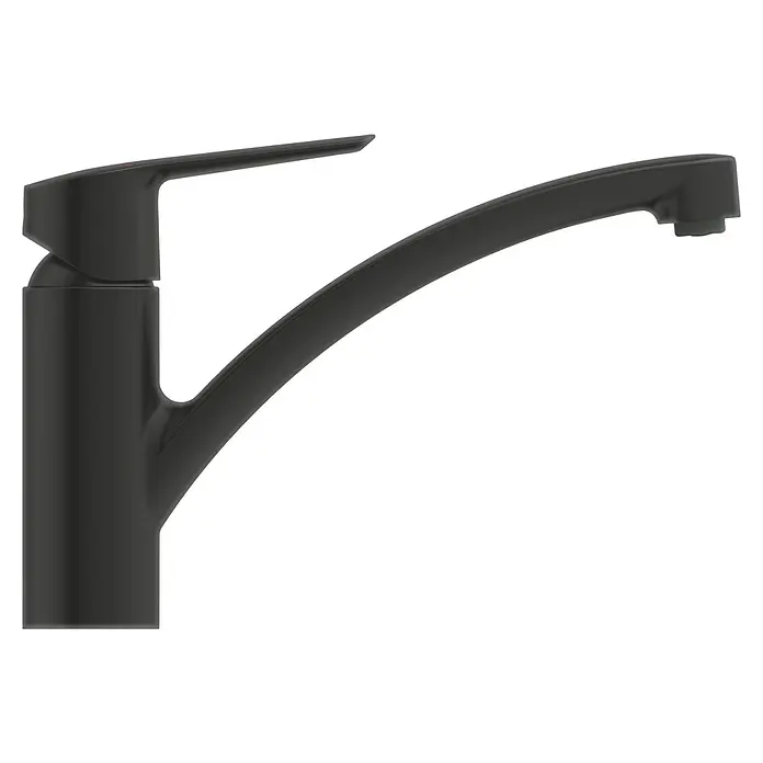 Grohe QuickFix Start Spültischarmatur - Ausladung Armatur: 227 mm, Schwarz, Schwenkbereich: 140 ° - Nahaufnahme einer modernen, mattschwarzen Küchenarmatur mit geschwungenem Auslauf.