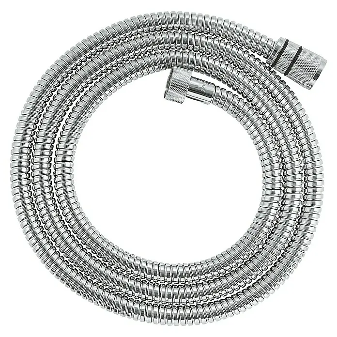 Grohe Metall-Brauseschlauch - 175 cm, Chrom - Flexibler Chrom-Duschschlauch, ringförmig auf schwarzem Hintergrund angeordnet, zeigt Details der Struktur und Anschlüsse.