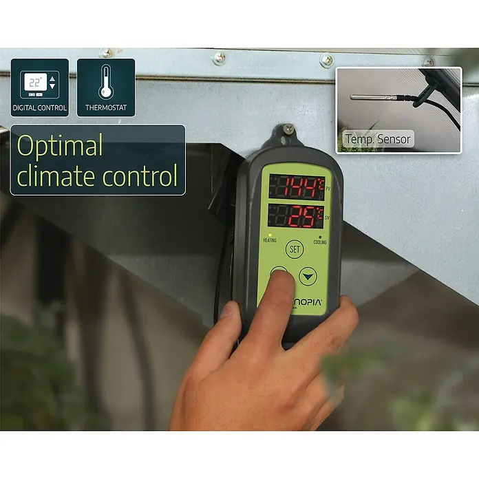 Palram – Canopia Calefacción para invernadero - L x An x Al: 26,5 x 29,5 x 37 cm - Primer plano de una unidad de control climático digital con sensor de temperatura para una gestión óptima del clima en invernaderos.