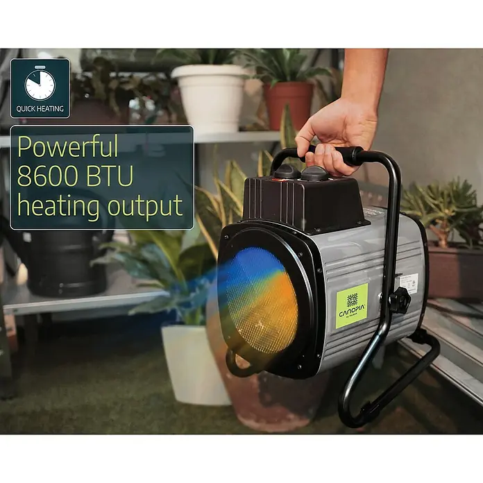 Palram – Canopia Calefacción para invernadero - L x An x Al: 26,5 x 29,5 x 37 cm - La imagen muestra un calentador portátil Canopia con una potencia calorífica de 8600 BTU, ideal para una rápida distribución del calor.