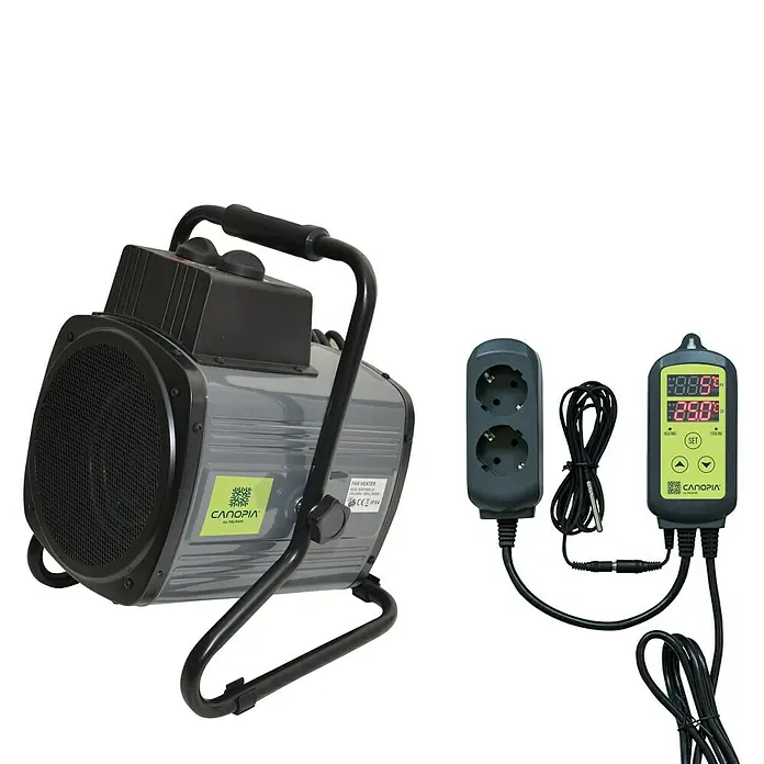 Palram – Canopia Calefacción para invernadero - L x An x Al: 26,5 x 29,5 x 37 cm - Calefactor CANOPIA gris con asa negra, controlador y cables para un control preciso de la temperatura, ideal para invernaderos.