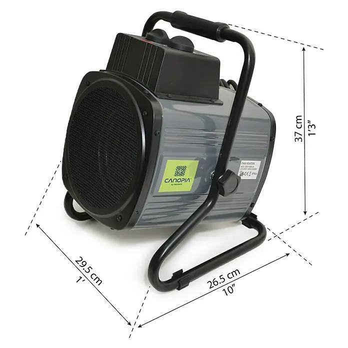 Palram – Canopia Calefacción para invernadero - L x An x Al: 26,5 x 29,5 x 37 cm - Un primer plano de un calefactor Canopia con unas dimensiones de 37 cm de altura, 29,5 cm de ancho y 26,5 cm de profundidad.