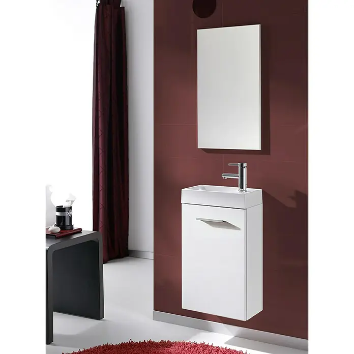 Riva Conjunto de mueble de baño Pocket - Ancho: 40 cm, Blanco, 3 pzs. - Lavabo de baño moderno con armario blanco y espejo grande en una pared roja oscura. Diseño elegante.