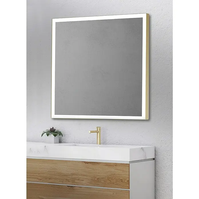 Camargue Espejo con luz - 80 x 80 cm, Oro - Elegante conjunto de baño con un moderno mueble de lavabo y un espejo iluminado con LED que acentúa el diseño estilizado.