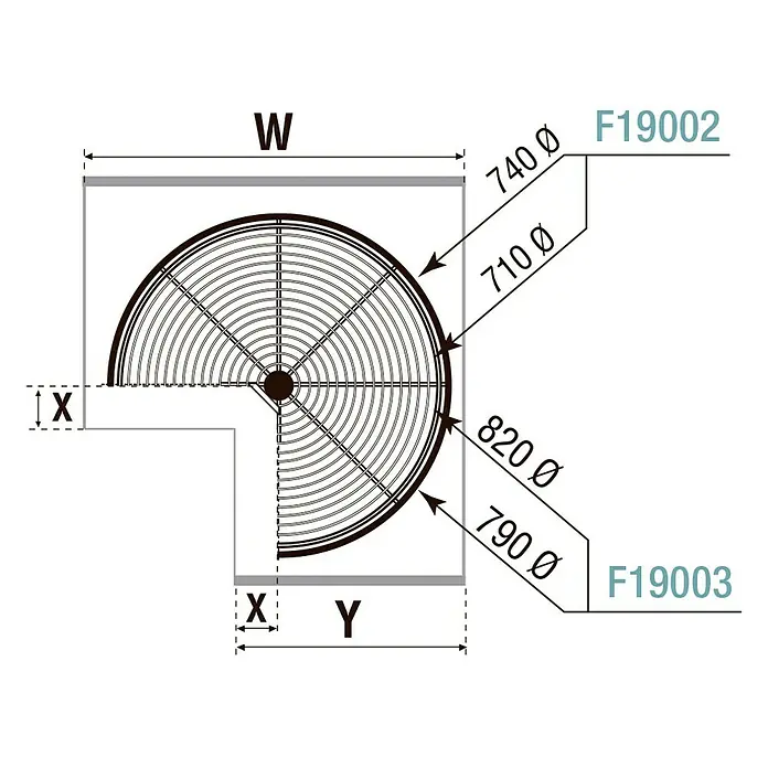 Estantería rinconera metálica semicircular 80 - L x An x Al: 520 x 900 x 450 mm, Cromo - Vista superior de un mueble esquinero con carrusel giratorio y detalles de tamaño.