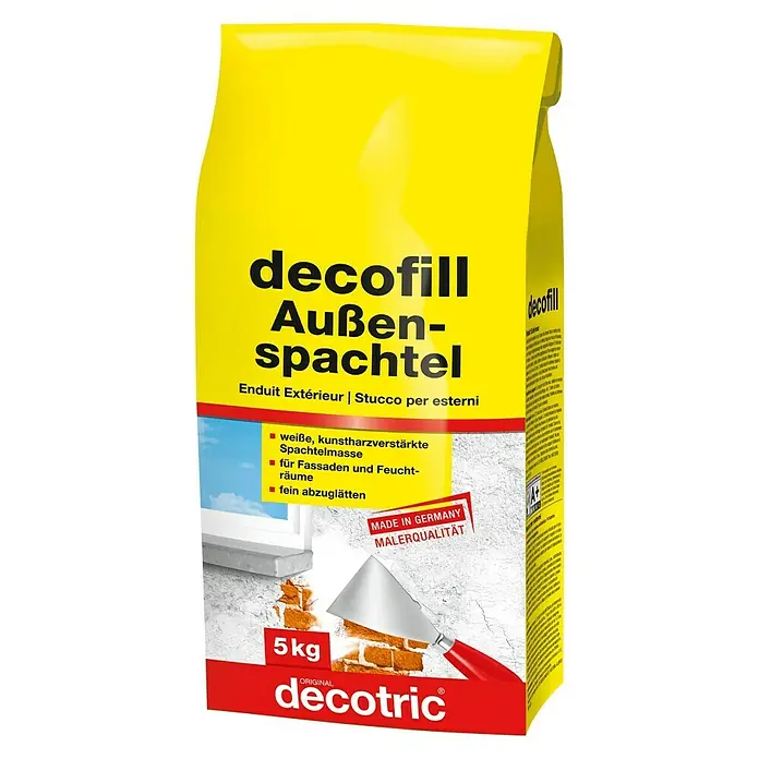 Decotric Zement-Spachtelmasse decofill außen - 5 kg - Produktbild von "decofill Außen-spachtel", einer Spachtelmasse für den Außenbereich, ideal für Fassaden und Feuchträume.