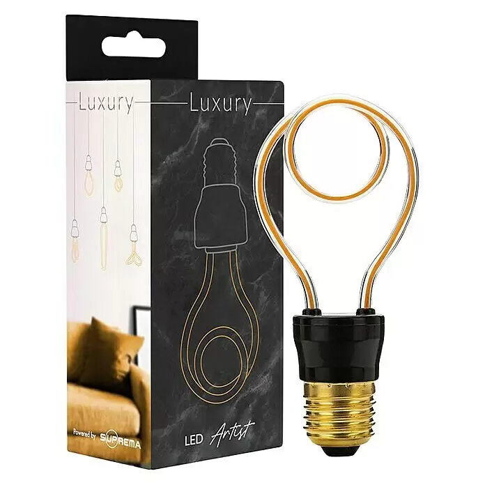 Bombilla LED doble espiral - Blanco cálido, 240 lm, 5 W - Bombilla LED artística con filamento dorado en bucle y base negra/latón. Embalaje de lujo mostrado.
