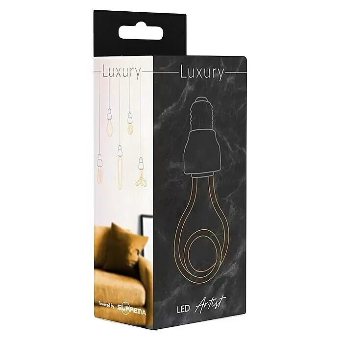 Bombilla LED doble espiral - Blanco cálido, 240 lm, 5 W - Embalaje del producto para bombillas Luxury LED Artist, gris oscuro y blanco, con ilustraciones de filamentos decorativos.