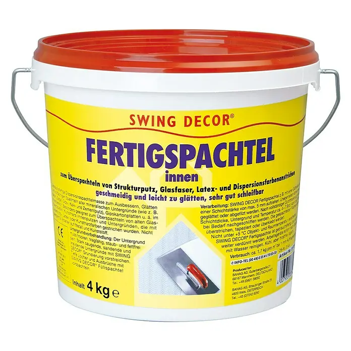 Swing Decor Fertigspachtel Innen - 4 kg - Eimer Swing Decor Fertigspachtel, gebrauchsfertige Spachtelmasse zum Glätten von Wänden und Decken im Innenbereich.