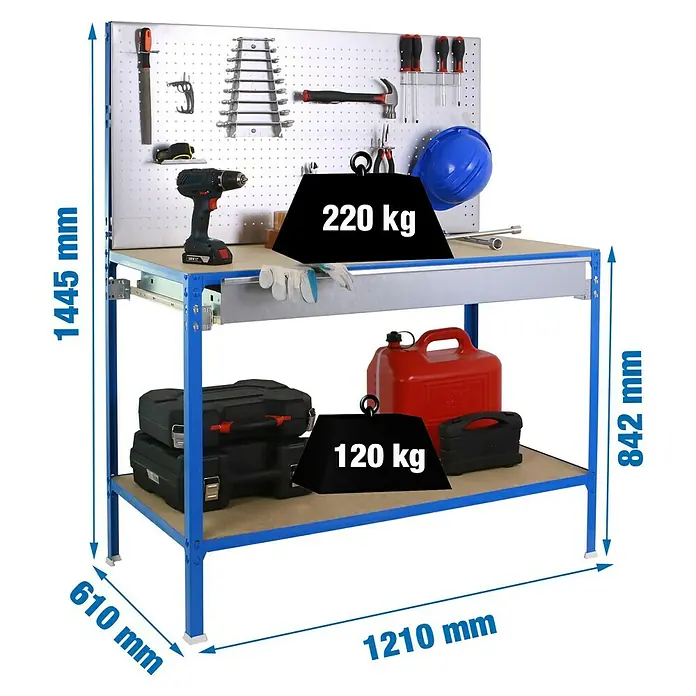 Simonrack Simonwork Banco de trabajo BT2 Ecowork - L x An: 61 x 121 cm, Altura de trabajo: 144,5 cm, Carga soportada: 340 kg, Azul - Banco de trabajo con panel de herramientas y cajón, con una capacidad de carga de hasta 340 kg. El banco mide 1210 x 610 x 1445 mm.