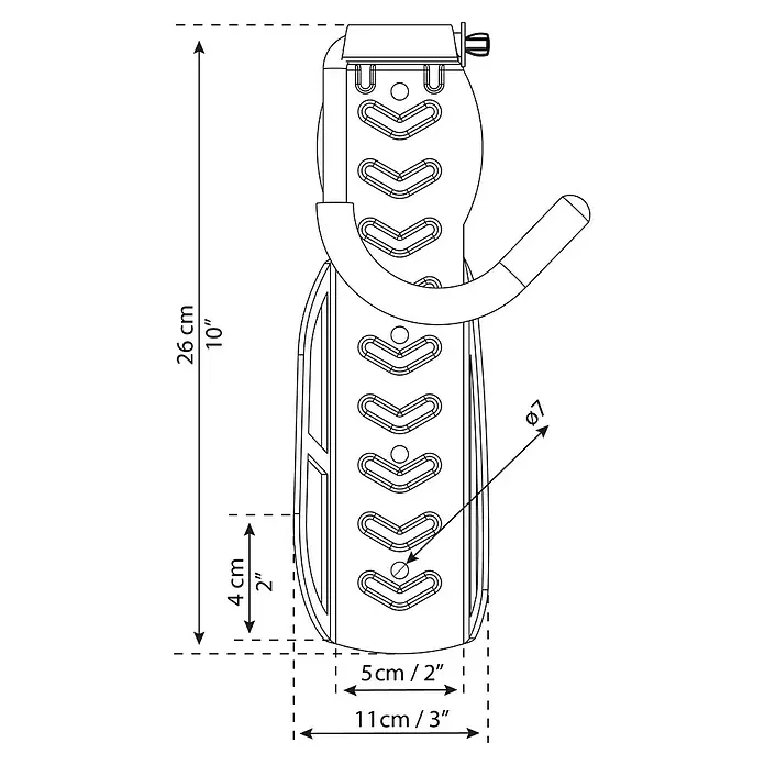 Palram – Canopia Gancho de pared para bicicletas - 3 ud., Específico para: Bicicletas de montaña con ruedas de 36 a 74 cm (14" a 29") - Ilustración de un soporte para bicicletas, que mide 26 cm de alto, 11 cm de ancho y una profundidad de 4 cm.