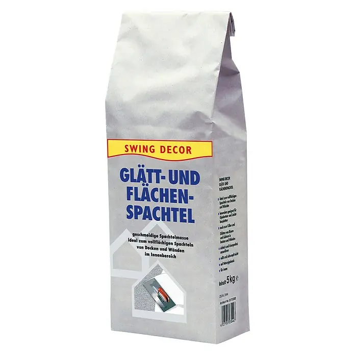 Swing Decor Glätt- & Flächenspachtel Innen - 5 kg - Abbildung eines Sackes Glätt- und Flächenspachtel von Swing Decor, ideal zum Glätten von Decken und Wänden im Innenbereich.