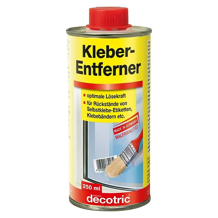 Decotric Kleberentferner - 250 ml - Dose Kleber-Entferner von Decotric mit rotem Deckel, gelbem Etikett und schwarzer Schrift. Ideal zum Entfernen von Kleberesten und Etiketten.