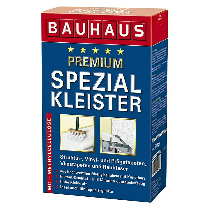 BAUHAUS Premium Tapetenkleister Spezialkleister - 500 g - Produktbild: Bauhaus Premium Spezial Kleister, ein hochwertiger Kleister für Struktur-, Vinyl- und Prägetapeten, Vliestapeten und Rauhfaser.