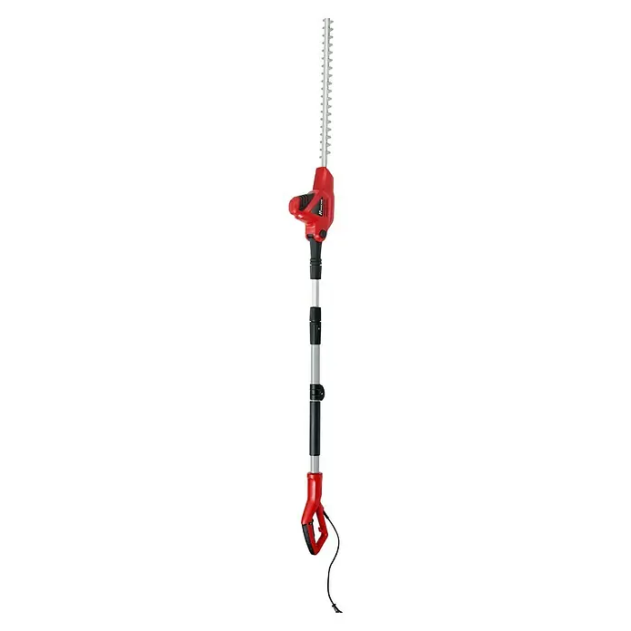 Hurricane Elektro-Heckenschere HHT-I-60 - 600 W, Schnittlänge: 51,5 cm, Max. Aststärke: 20 mm - Eine rote und silberne, lange Heckenschere. Ideal für hohe Hecken, mit verstellbarem Teleskopstiel für bequemes Arbeiten.