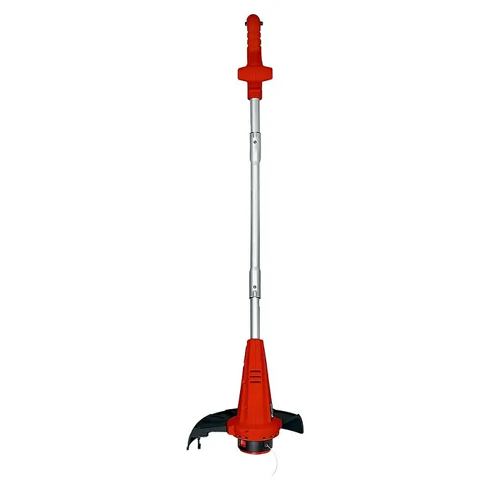 Hurricane Elektro-Rasentrimmer HERT-I-3025 - 300 W, Schnittbreite Faden: 25 cm - Eine rote und silberne Akku-Grasschere mit einem langen, verstellbaren Griff vor einem schwarzen Hintergrund.