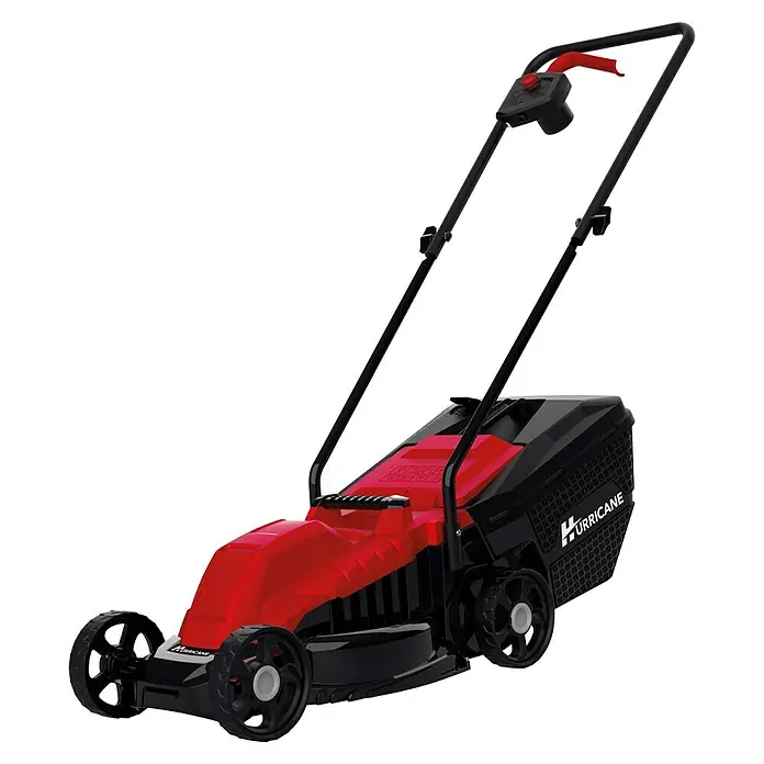 Hurricane Elektro-Rasenmäher HERM-I-1232 - 1.200 W, Schnittbreite: 32 cm - Roter und schwarzer Hurricane Rasenmäher, der auf einem schwarzen Hintergrund abgebildet ist.