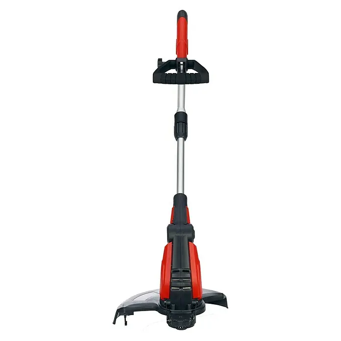 Hurricane Elektro-Rasentrimmer HERT-I-4530 - 450 W, Schnittbreite Faden: 30 cm - Eine Nahaufnahme eines roten und schwarzen Rasentrimmers, der auf einem schwarzen Hintergrund steht und einen silbernen Schaft hat.