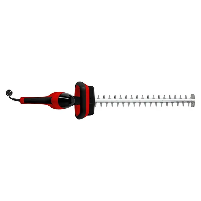Hurricane Elektro-Heckenschere HHS-I-5555 - 550 W, Schnittlänge: 55 cm, Max. Aststärke: 24 mm - Abbildung einer roten und schwarzen Heckenschere, einem Gartengerät zum Beschneiden von Hecken und Sträuchern.