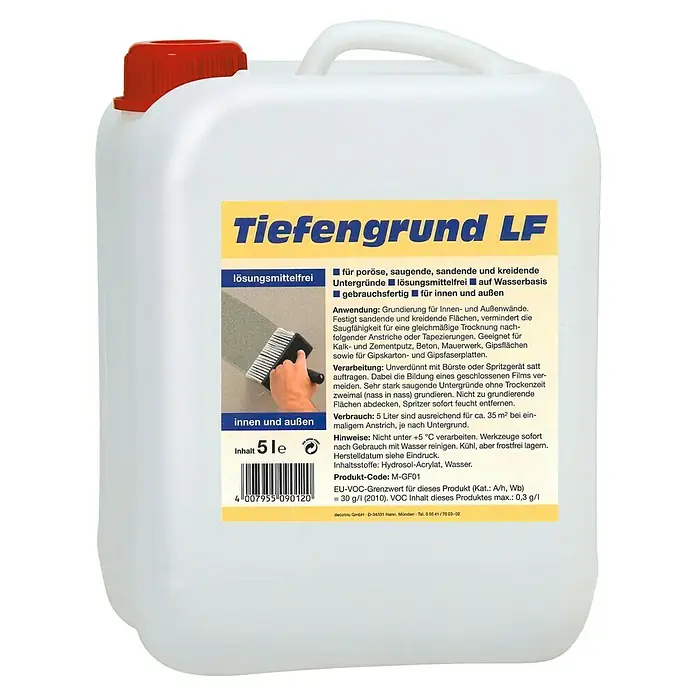 Tiefengrund LF - 5 l - Abbildung eines 5L Kanisters Tiefengrund LF, einer lösemittelfreien Grundierung auf Wasserbasis für saugende Untergründe im Innen- und Außenbereich.