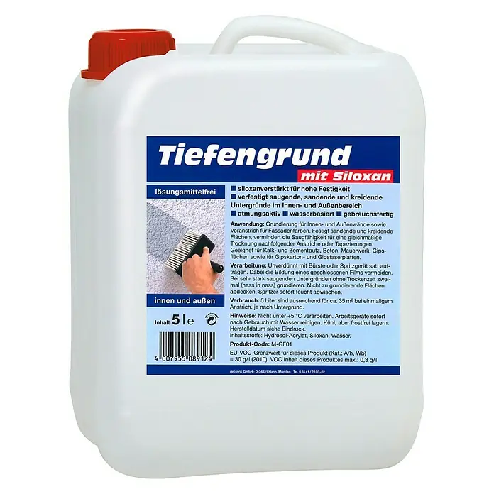 Decotric Tiefengrund LF mit Siloxan - 5 l, Farblos - Tiefengrund mit Siloxan: Lösemittelfreie Grundierung für innen und außen, ideal zur Verfestigung saugender Untergründe und für hohe Festigkeit.