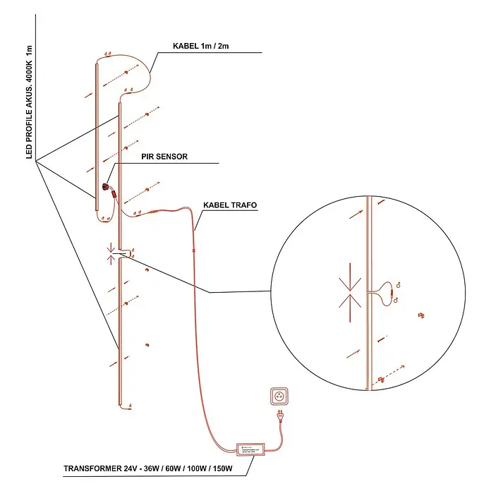 Direct Signs Lichtleiste für Akustikpaneele - Länge: 101,5 cm, Lichtfarbe: Neutralweiß, 12 W, 840 lm, 24 V - Produktzeichnung einer LED-Profilleuchte AKUS mit PIR-Sensor, Transformator und Kabeldetails für Montage und Installation.