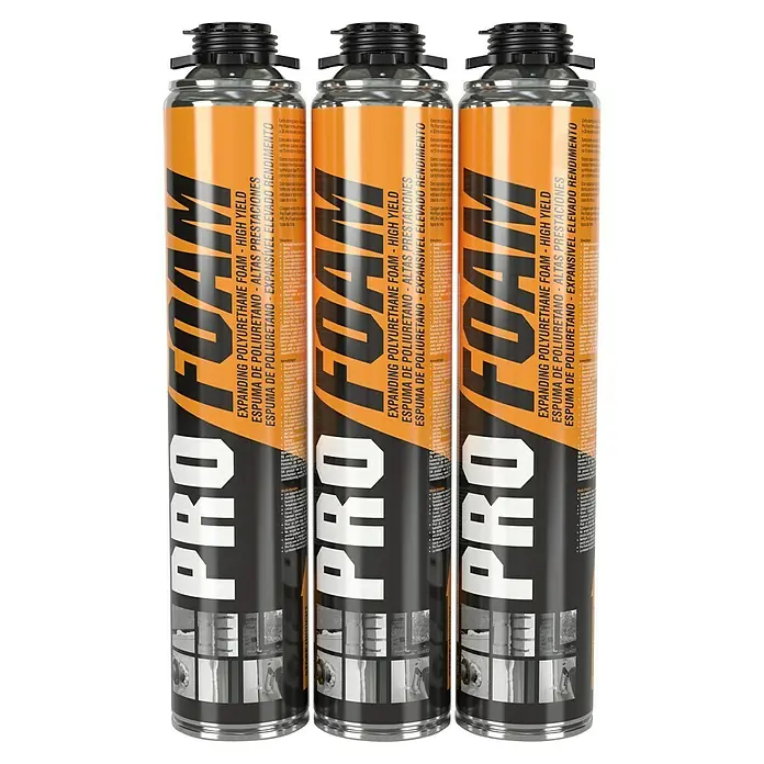 Soudal Espuma para pistola PU ProFoam Pack 3 unidades - 3 ud., 750 ml - Tres latas de espuma de poliuretano expandible Pro Foam, una espuma de alto rendimiento para diversas aplicaciones de construcción.