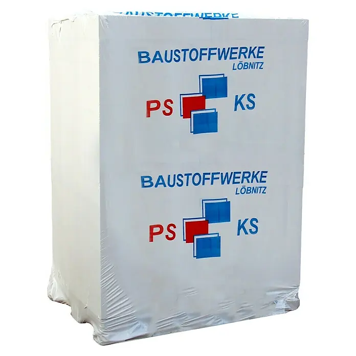 Porenbetonstein PPPL - 60 x 5 x 24,9 cm, Rohdichte: 0,5 kg/dm³ - Eingepackter Baustoffwerke Löbnitz-Steinblock mit rotem PS und blauem KS-Logo auf transparenter Folie.