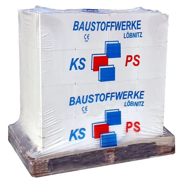 Kalksandstein Lochstein 12DF - 49,8 x 17,5 x 23,8 cm - Verpackte KS-PS-Bausteine von Baustoffwerke Löbnitz auf einer Palette. Die Steine sind in Folie eingeschweißt und bereit für den Transport.