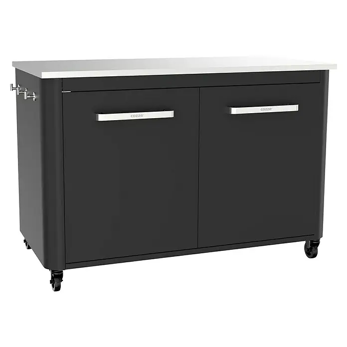 Cozze Outdoorküchen-Modul - Schwarz, B x T x H: 120 x 60 x 90 cm - Abbildung eines schwarzen Küchenwagens mit weißer Arbeitsplatte, ausgestattet mit Rollen und silbernen Griffen für zusätzlichen Stauraum.