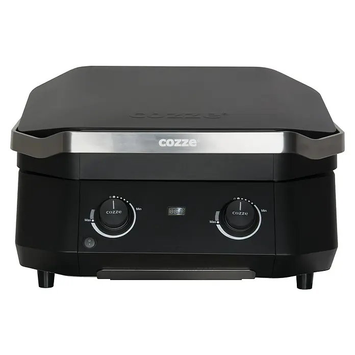 Cozze Elektrogrill E 500 - Grillfläche (B x T): 51 x 39 cm, 2,1 kW, Schwarz - Das Bild zeigt einen Cozze Elektro-Pizzaofen mit Temperaturreglern und Timer in elegantem Schwarz, perfekt für köstliche Pizzaerlebnisse zu Hause.