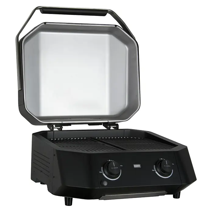 Cozze Elektrogrill E 500 - Grillfläche (B x T): 51 x 39 cm, 2,1 kW, Schwarz - Offener tragbarer Grill mit schwarzem Gehäuse, Grillrosten und Bedienknöpfen für Temperaturregelung.