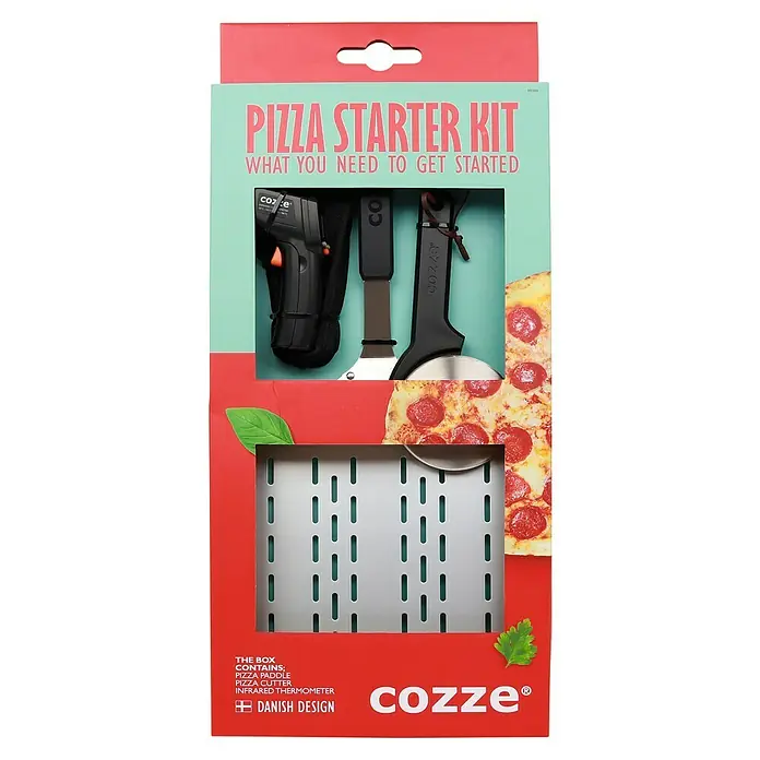 Cozze Starter-Set Pizza - 3 -tlg. - Produktfoto eines Pizza Starter Kits von Cozze mit Pizzaschieber, Pizzaschneider und Infrarotthermometer, ideal für den Pizzaofen.