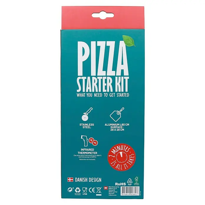 Cozze Kit de iniciación para pizzas - 3 pzs. - Imagen del producto de un paquete de Pizza Starter Kit, con las palabras "Pizza Starter Kit" y "Lo que necesitas para empezar".