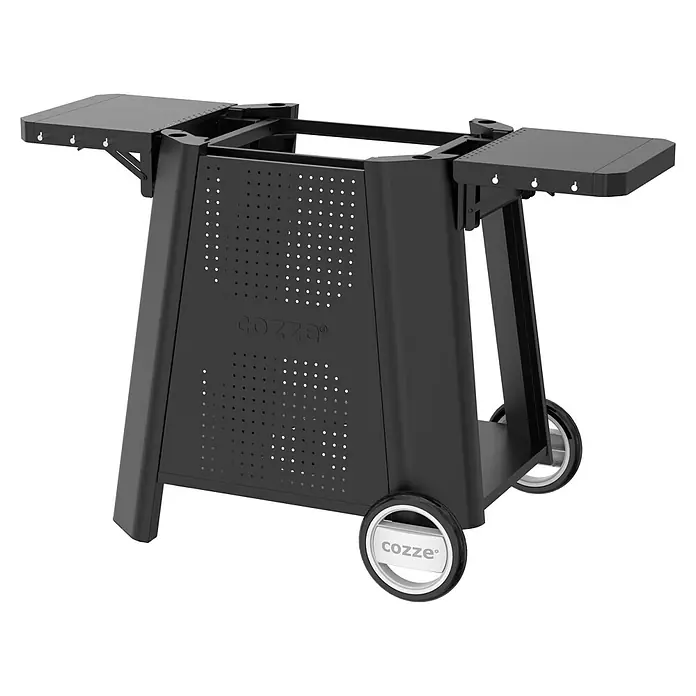 Cozze Rollwagen - B x T x H: 127 x 64,5 x 74,5 cm, Stahl, Schwarz, Passend für: Cozze 500er Grillserie - Schwarzer Cozze Pizzabackofenwagen mit klappbaren Seitentischen. Ideal für den Außenbereich, leicht zu bewegen dank der Räder.