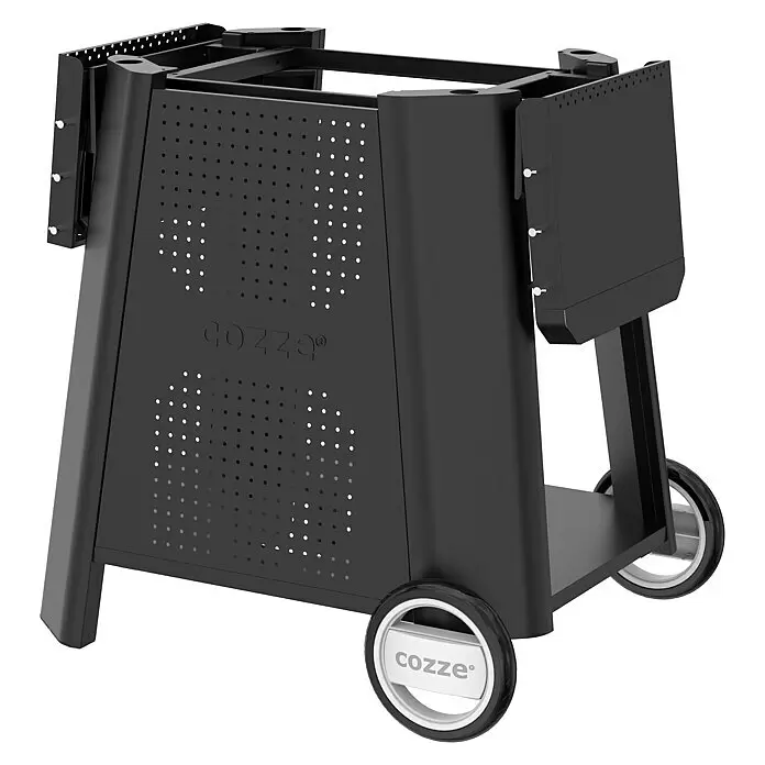 Cozze Carro con ruedas - An x Pr x Al: 127 x 64,5 x 74,5 cm, Acero, Negro, Específico para: Parrillas Cozze serie 500 - Carro de parrilla de metal negro con diseño perforado, ruedas y estantes laterales plegables, con el logo 'cozze'.