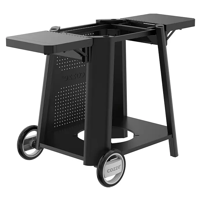 Cozze Rollwagen - B x T x H: 127 x 64,5 x 74,5 cm, Stahl, Schwarz, Passend für: Cozze 500er Grillserie - Schwarzer Cozze Ofenwagen mit Rädern und Ablageflächen, ideal für den Transport und die Nutzung von Pizzaöfen im Freien.