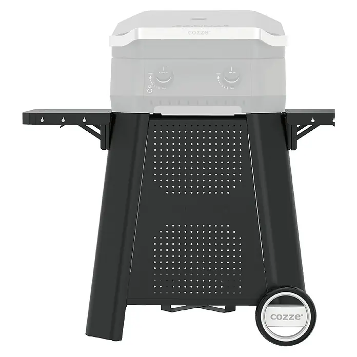 Cozze Rollwagen - B x T x H: 127 x 64,5 x 74,5 cm, Stahl, Schwarz, Passend für: Cozze 500er Grillserie - Hier ist ein Bild von einem Cozze Gasgrill mit zwei Brennern und Seitentischen, ideal für Outdoor-Kochliebhaber.