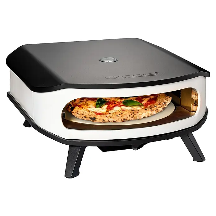 Cozze Pizzaofen mit drehbarem Pizzastein - Durchmesser Grillfläche: 42,5 cm, 6 kW, Weiß/Schwarz, Stahl - Cozze Pizzaofen mit Pizza im Inneren, ideal für den Garten. Erleben Sie authentischen Pizzagenuss mit diesem hochwertigen Ofen.