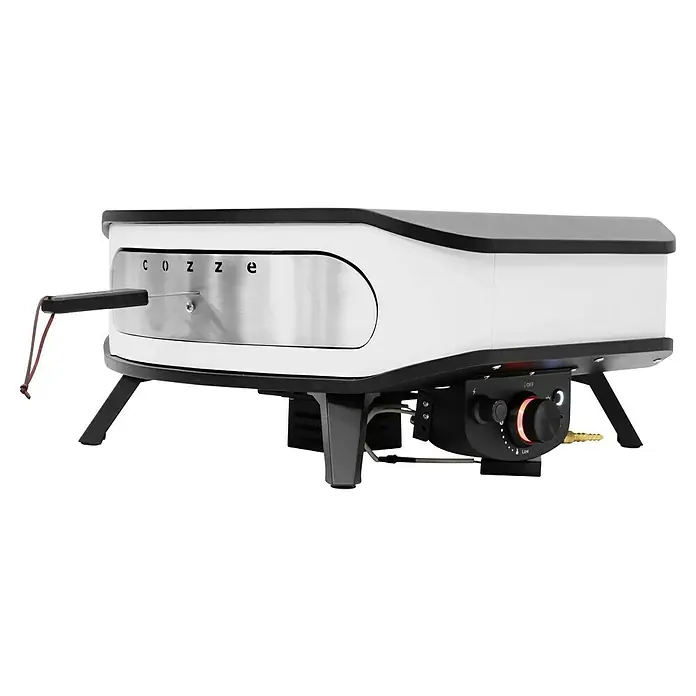 Cozze Pizzaofen mit drehbarem Pizzastein - Durchmesser Grillfläche: 42,5 cm, 6 kW, Weiß/Schwarz, Stahl - Ein Cozze Pizzaofen in Weiß und Silber. Er ist auf einem schwarzen Ständer montiert und verfügt über einen Temperaturregler.