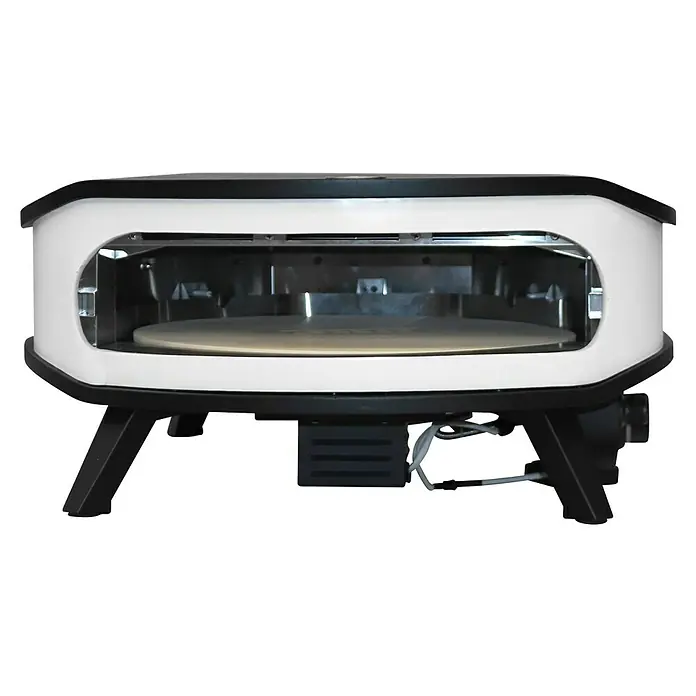 Cozze Pizzaofen mit drehbarem Pizzastein - Durchmesser Grillfläche: 42,5 cm, 6 kW, Weiß/Schwarz, Stahl - Aufnahme eines tragbaren weißen Pizzaofens mit schwarzem Sockel. Ideal für köstliche Pizza im Freien.