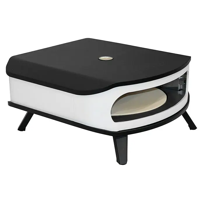 Cozze Pizzaofen mit drehbarem Pizzastein - Durchmesser Grillfläche: 42,5 cm, 6 kW, Weiß/Schwarz, Stahl - Elegantes Produktdesign: Ein kompakter Pizzaofen in Schwarz und Weiß, ideal für die Zubereitung köstlicher Pizzen zu Hause.