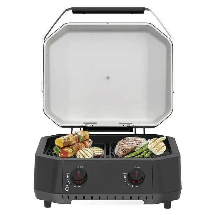 Cozze Gasgrill G 500 - Grillfläche (B x T): 53,5 x 41,8 cm, 5 kW, Anzahl Brenner: 2 Stk. - Grill mit geöffnetem Deckel, auf dem leckere Speisen wie Spieße und Steaks zubereitet werden.