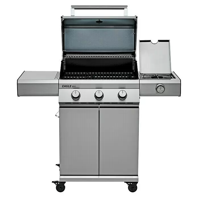 Grandstate Gasgrill Eagle 311 - Grillfläche (B x T): 60 x 45 cm, 10,5 kW, Anzahl Brenner: 3 Stk., Material Grillfläche: Gusseisen - Edelstahl-Gasgrill mit drei Hauptbrennern, Seitenbrenner, geöffnetem Deckel und Unterschrank.