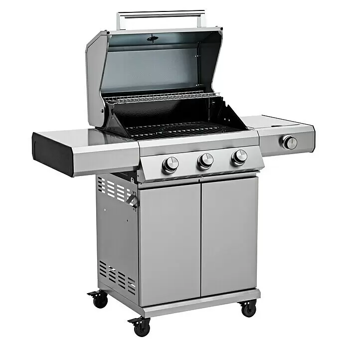Grandstate Gasgrill Eagle 311 - Grillfläche (B x T): 60 x 45 cm, 10,5 kW, Anzahl Brenner: 3 Stk., Material Grillfläche: Gusseisen - Gasgrill aus Edelstahl mit offenem Deckel, Grillrosten, drei Bedienknöpfen, Seitenablagen und Rollunterschrank.