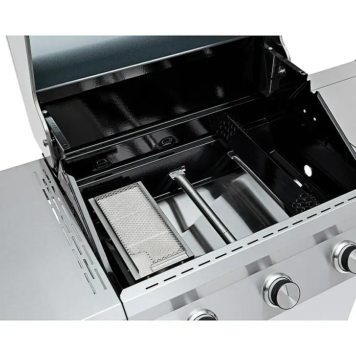 Grandstate Gasgrill Eagle 311 - Grillfläche (B x T): 60 x 45 cm, 10,5 kW, Anzahl Brenner: 3 Stk., Material Grillfläche: Edelstahl - Detailaufnahme eines geöffneten Gasgrills, der seine Innenausstattung zeigt, einschließlich Brenner und Grillroste.