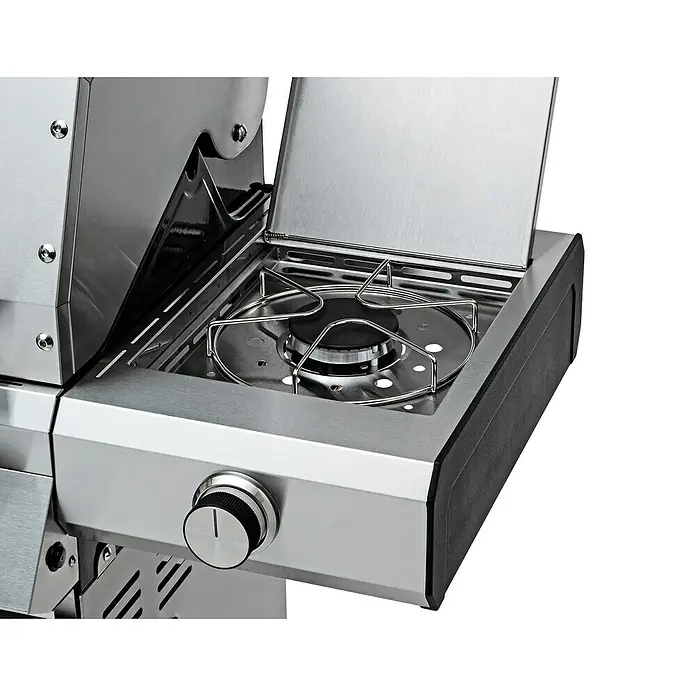 Grandstate Gasgrill Eagle 311 - Grillfläche (B x T): 60 x 45 cm, 10,5 kW, Anzahl Brenner: 3 Stk., Material Grillfläche: Edelstahl - Detailaufnahme eines Gasgrills mit Seitenbrenner, ideal für die Zubereitung von Beilagen im Freien. Edelstahlkonstruktion für Langlebigkeit.