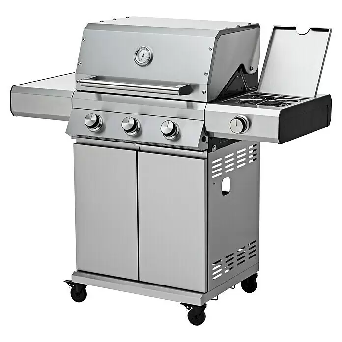 Grandstate Gasgrill Eagle 311 - Grillfläche (B x T): 60 x 45 cm, 10,5 kW, Anzahl Brenner: 3 Stk., Material Grillfläche: Edelstahl - Gasgrill aus Edelstahl mit mehreren Brennern, Seitenbrenner, Temperaturanzeige, Unterschrank und Rollen.