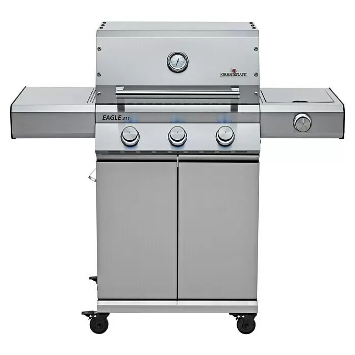 Grandstate Gasgrill Eagle 311 - Grillfläche (B x T): 60 x 45 cm, 10,5 kW, Anzahl Brenner: 3 Stk., Material Grillfläche: Edelstahl - Gasgrill aus Edelstahl mit zwei Seitenablagen, drei Drehknöpfen, integriertem Thermometer und Rollen.
